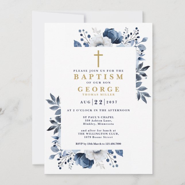 Navy Blue Elegant Floral Botanical Modern Baptism Invitation (Front)