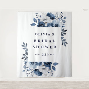 Navy Blue Elegant Floral Bridal Shower Backdrop Tapestry