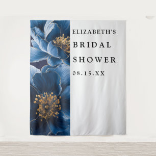 Navy Blue Elegant Floral Bridal Shower Backdrop Tapestry