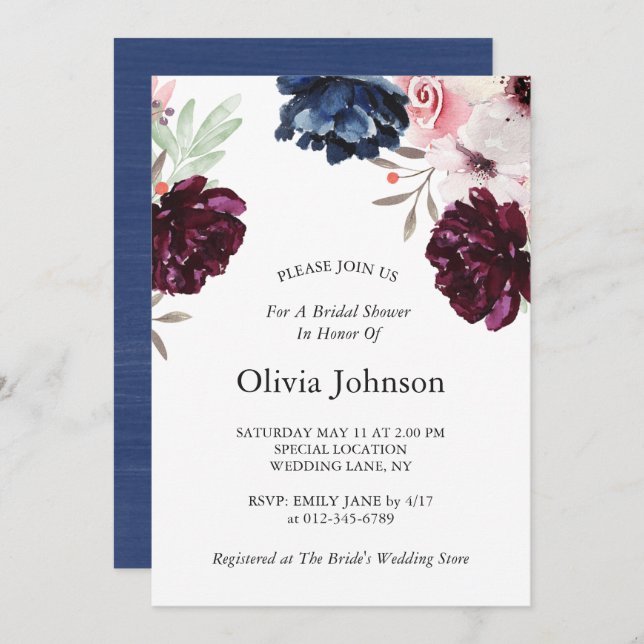 Navy Blue Elegant Floral Bridal Shower Invitation (Front/Back)
