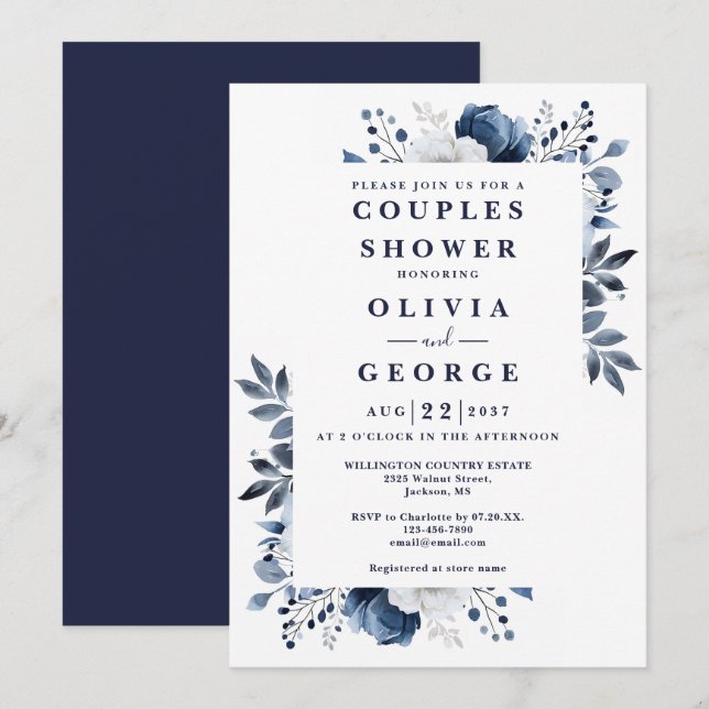 Navy Blue Elegant Floral Couples Shower Invitation (Front/Back)