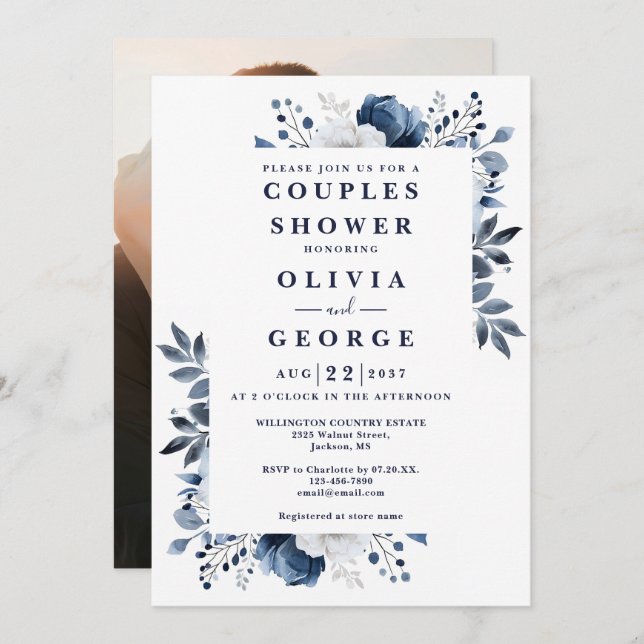 Navy Blue Elegant Floral Couples Shower Photo Invitation (Front/Back)