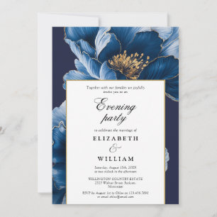 Navy Blue Elegant Floral Evening Party Wedding Invitation