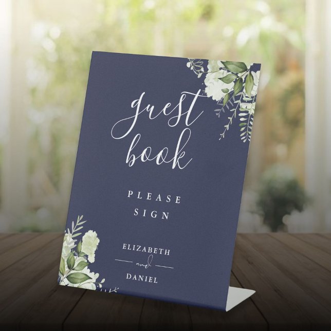 Navy Blue Elegant Floral Greenery Guest Book Pedestal Sign (Navy Blue Elegant Floral Greenery Guest Book Pedestal Sign)