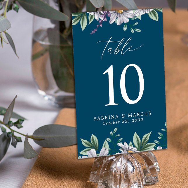Navy Blue Elegant Floral Personalised Wedding  Table Number (Creator Uploaded)