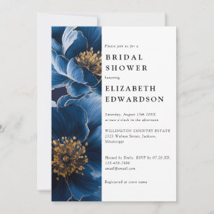 Navy Blue Elegant Floral QR Code Bridal Shower Invitation