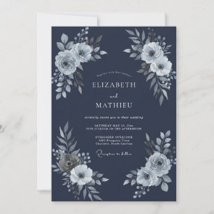 Navy Blue Elegant Floral Romance Wedding Invitation