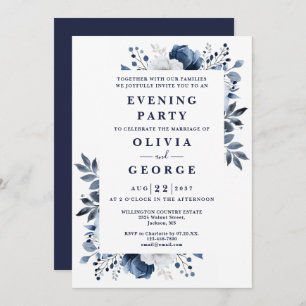 Navy Blue Elegant Floral Wedding Evening Party Invitation