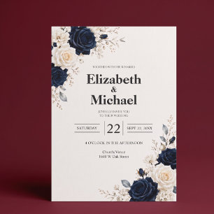 Navy Blue Elegant Floral Wedding Invitation