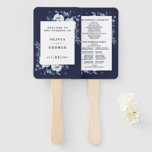 Navy Blue Elegant Floral Wedding Program Hand Fan