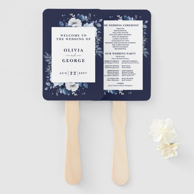 Navy Blue Elegant Floral Wedding Program Hand Fan (Front and Back)