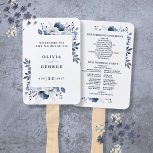 Navy Blue Elegant Floral Wedding Program Hand Fan