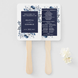 Navy Blue Elegant Floral Wedding Program Hand Fan