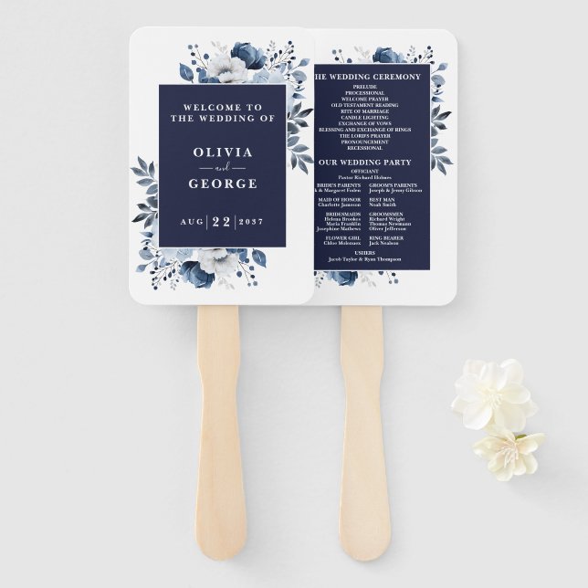 Navy Blue Elegant Floral Wedding Program Hand Fan (Front and Back)