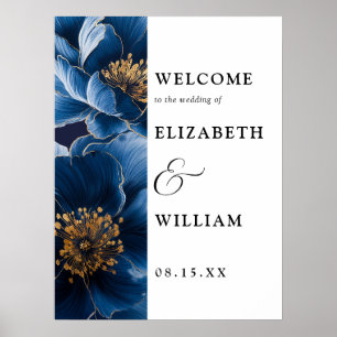 Navy Blue Elegant Floral Wedding Welcome Sign