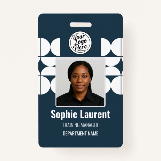 Navy Blue Elegant Geometric Employee Identity ID Badge (Front)