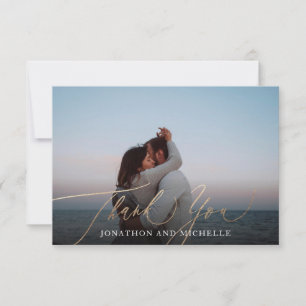 Navy Blue Elegant Gold Calligraphy Wedding Photo Thank You Card