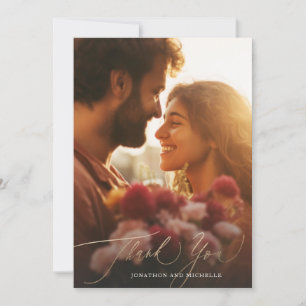 Navy Blue Elegant Gold Calligraphy Wedding Photo Thank You Card