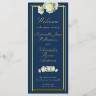 Navy Blue Elegant Gold Script Framed White Rose Programme