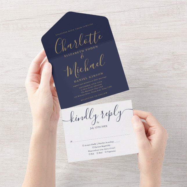 Navy Blue Elegant Gold Script Minimalist Wedding All In One Invitation (Tearaway)