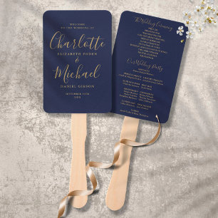 Navy Blue Elegant Gold Script Wedding Program Hand Fan