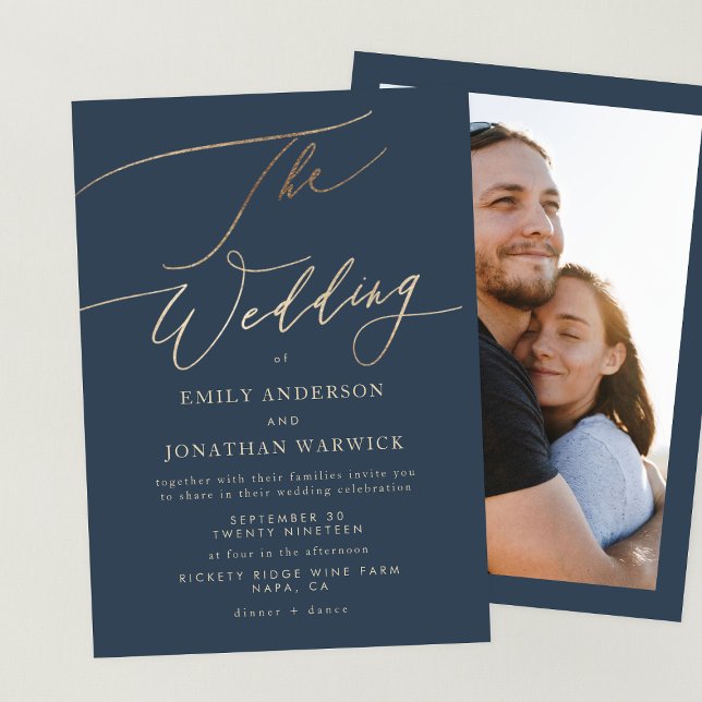 Navy Blue Elegant Gold The Wedding Photo Invitation (Creator Uploaded)