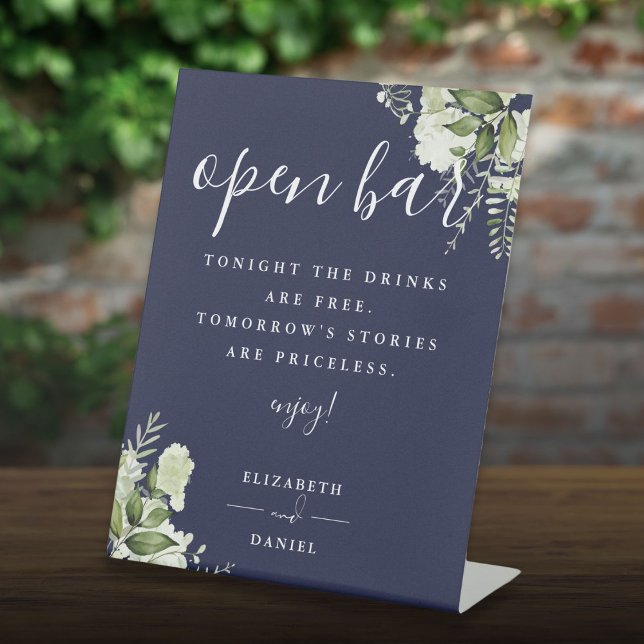 Navy Blue Elegant Greenery Floral Open Bar Pedestal Sign (Navy Blue Elegant Greenery Floral Open Bar Pedestal Sign)