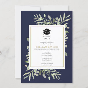 Navy Blue Elegant Greenery Photo Graduation Party Invitation