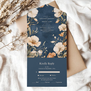 Navy Blue Elegant Ivory Floral Wedding All In One Invitation