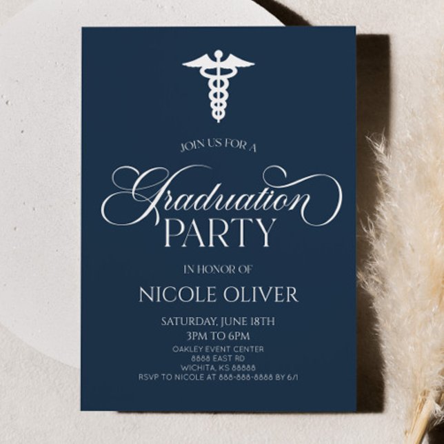 Navy Blue Elegant Medical Caduceus Graduation Invitation (Creator Uploaded)