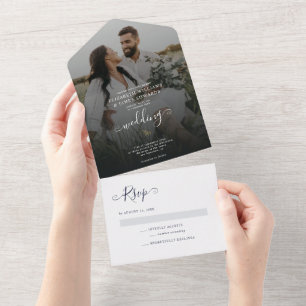 Navy Blue Elegant Modern Boho Wedding All In One Invitation