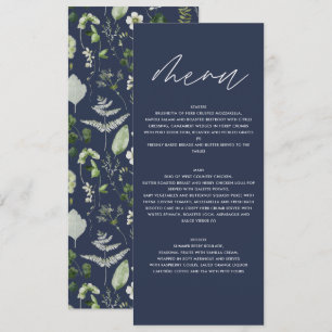 Navy blue elegant modern botanical script wedding menu