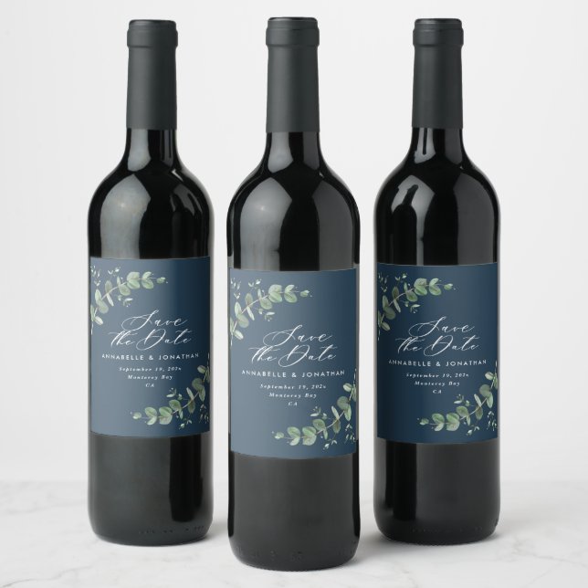 Navy blue elegant modern eucalyptus save the date wine label (Bottles)