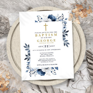 Navy Blue Elegant Modern Floral Baptism Invitation Postcard