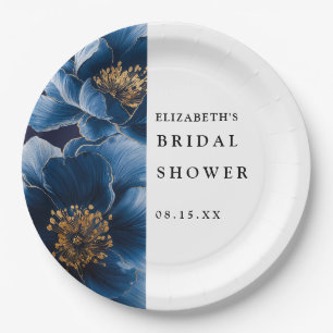 Navy Blue Elegant Modern Floral Bridal Shower Paper Plate