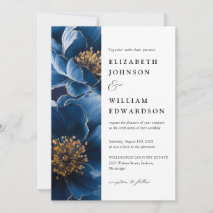 Navy Blue Elegant Modern Floral QR Code Wedding Invitation