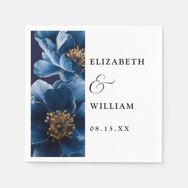 Navy Blue Elegant Modern Floral Wedding Napkin (Front)