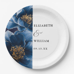 Navy Blue Elegant Modern Floral Wedding Paper Plate