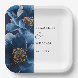 Navy Blue Elegant Modern Floral Wedding Paper Plate