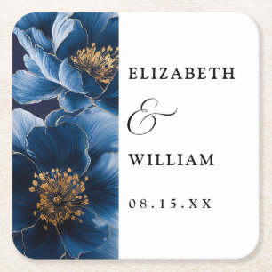 Navy Blue Elegant Modern Floral Wedding Square Paper Coaster