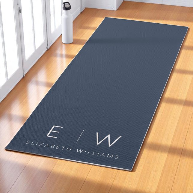 Navy Blue Elegant Modern Minimalist Monogram Name Yoga Mat (Creator Uploaded)