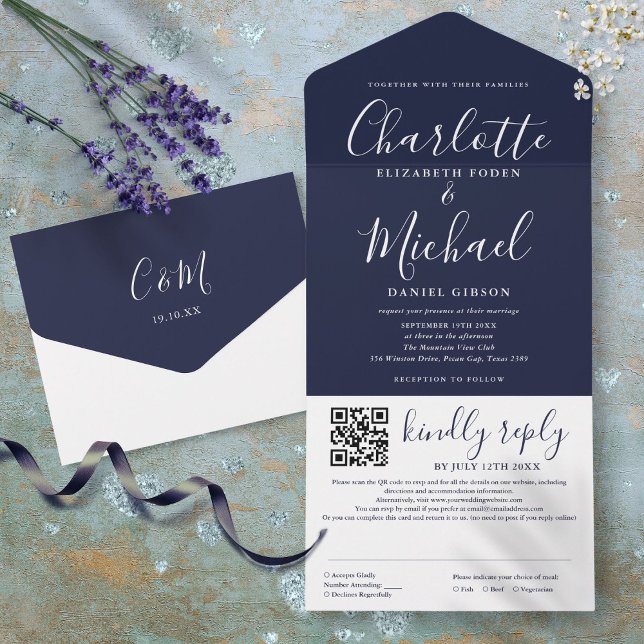 Navy Blue Elegant Modern Script QR Code Wedding All In One Invitation (Navy Blue Elegant Modern Script QR Code Wedding All In One Invitation)