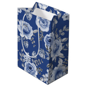 Navy Blue & Elegant Modern Watercolor Floral Medium Gift Bag