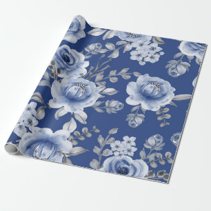 Navy Blue & Elegant Modern Watercolor Floral Wrapping Paper