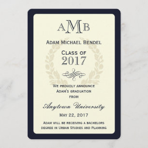 Navy Blue Elegant Monogram Graduation Announcement