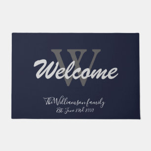Navy Blue Elegant Monogram Name Wedding Welcome Doormat