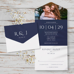 Navy Blue Elegant Monogram Photo Wedding Date All In One Invitation