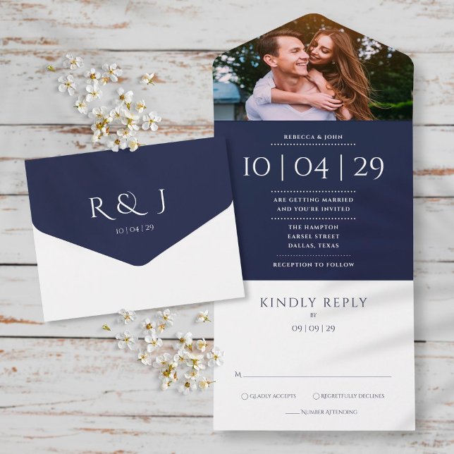 Navy Blue Elegant Monogram Photo Wedding Date All In One Invitation (Creator Uploaded)