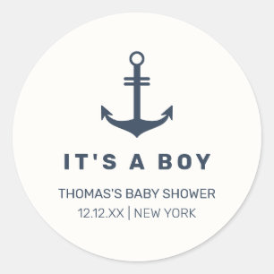 Navy Blue Elegant Nautical Anchor Baby Shower  Classic Round Sticker