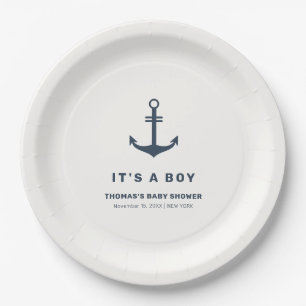 Navy Blue Elegant Nautical Anchor Baby Shower Paper Plate